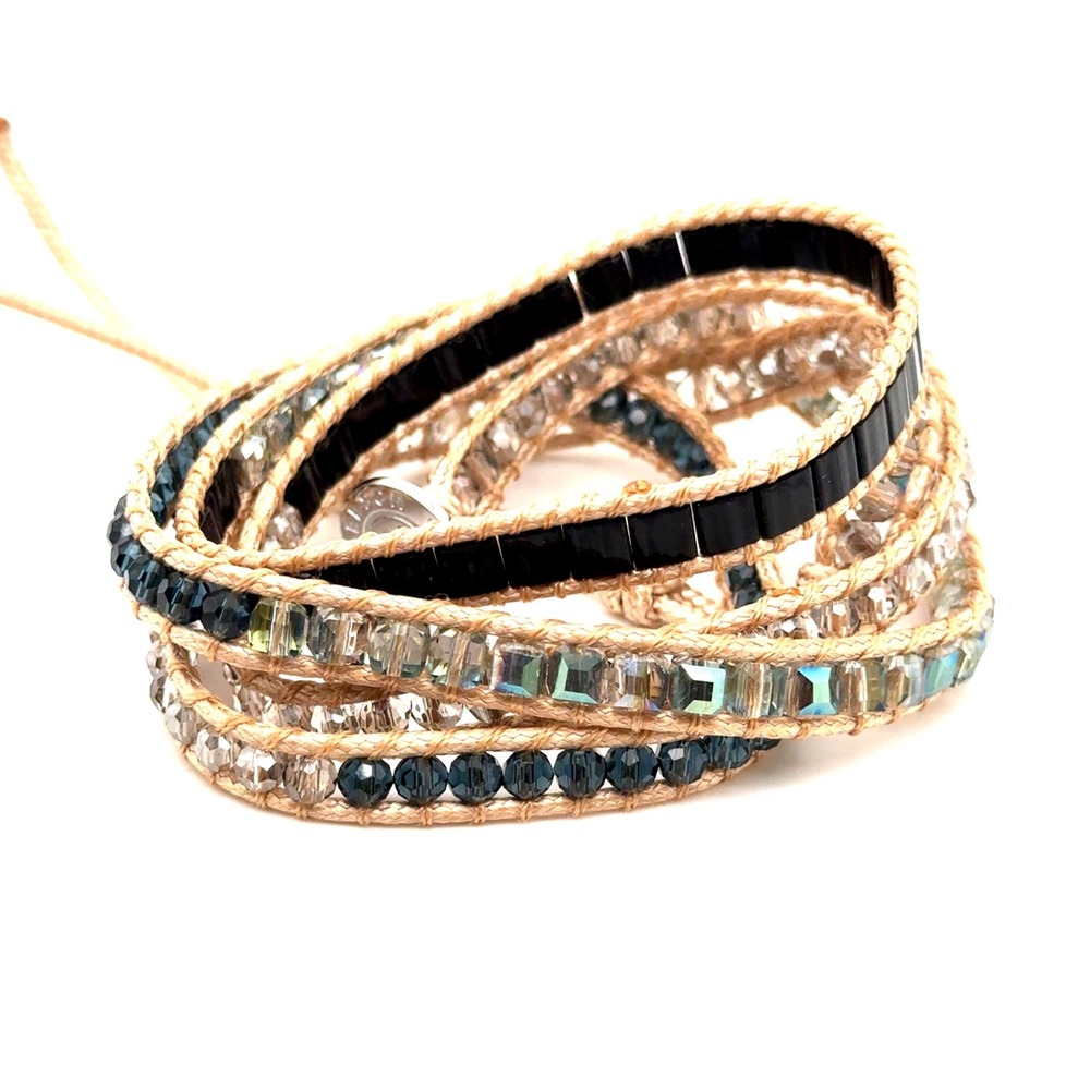 Victoria Emerson Crystal Wrap Bracelet Tan Cord Adjustable 34-36 Inch Boho